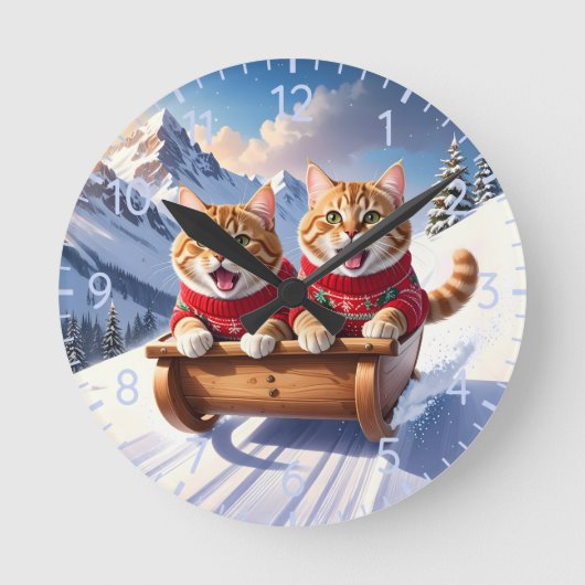 Katzen Schlittenfahrt Runde Wanduhr (Vorderseite)