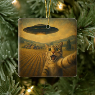 Katzen-Selfie mit Alien-UFO Lustige Katzen-Geschen Keramikornament