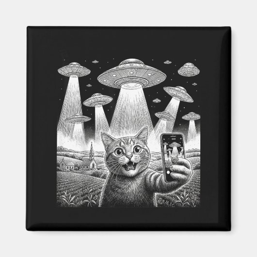 Katzen-Selfie mit Alien-UFO Lustige Katzen-Geschen Magnet (Vorne)
