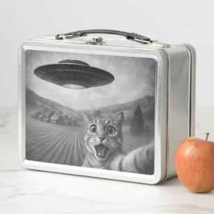 Katzen-Selfie mit Alien-UFO Lustige Katzen-Geschen Metall Brotdose