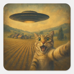 Katzen-Selfie mit Alien-UFO Lustige Katzen-Geschen Quadratischer Aufkleber