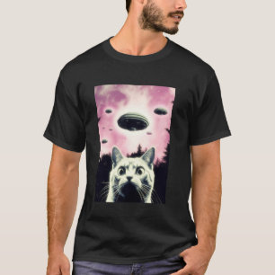 Katzen-Selfie mit Alien-UFO Lustiges Katzen-Männer T-Shirt