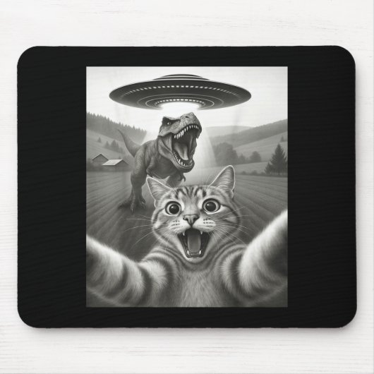 Katzen-Selfie mit Alien-Ufo und T-Rex-Dinosaurier- Mousepad (Vorne)