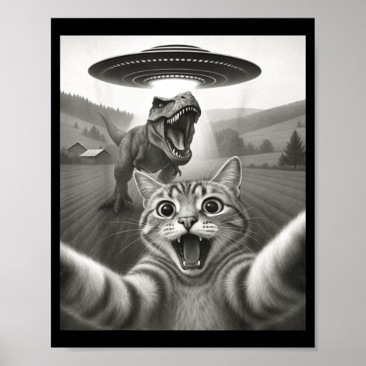 Katzen-Selfie mit Alien-Ufo und T-Rex-Dinosaurier- Poster (Vorne)