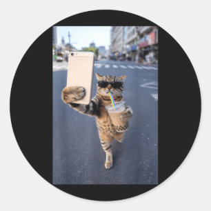 Katzen-Selfie mit Eiskaffee Lustiges Katzen-Meme T Runder Aufkleber