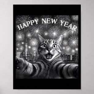 Katzen-Selfie mit Feuerwerk-Zählung Lustig Frohes  Poster