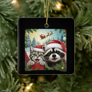 Katzen-Selfie mit Santas Schlitten seltsamer Wasch Keramikornament