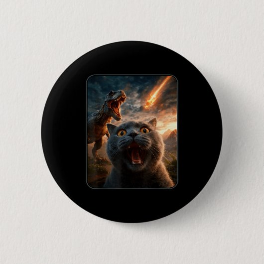 Katzen-Selfie mit T-Rex-Dinosaurier Lustiges Katze Button (Vorderseite)