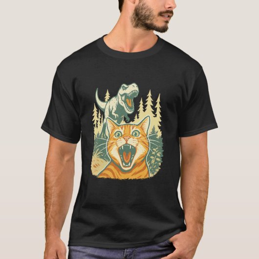 Katzen-Selfie mit T-Rex-Dinosaurier T-Shirt (Vorderseite)