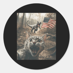 Katzen-Selfie mit Trex-Dinosaurier USA-Flagge Patr Runder Aufkleber