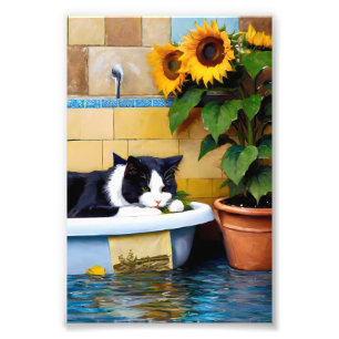 Katzen-Siesta: Schlaf bei Sonnenblumen Fotodruck