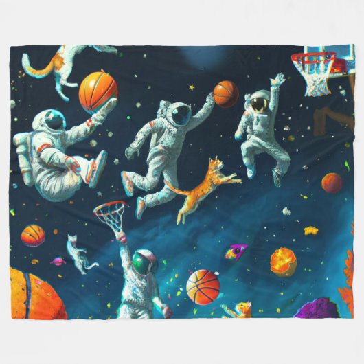 Katzen spielen Basketball im Weltraum mit Astronau Fleecedecke (Vorderseite (Horizontal))