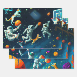 Katzen spielen Basketball im Weltraum mit Astronau Geschenkpapier Set