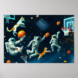 Katzen spielen Basketball im Weltraum mit Astronau Poster