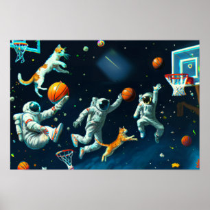 Katzen spielen Basketball im Weltraum mit Astronau Poster