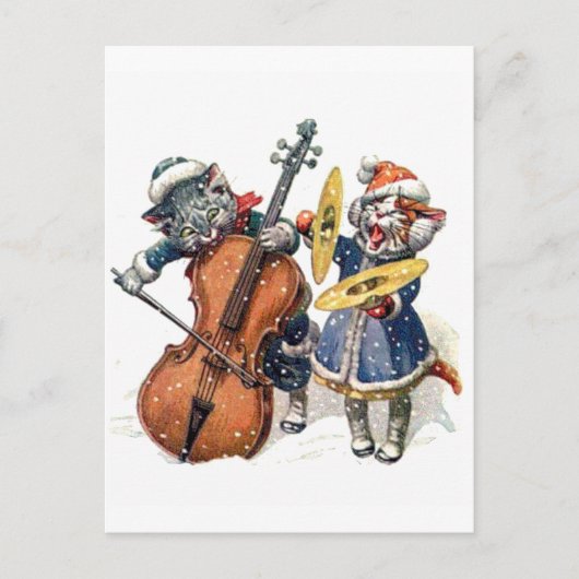 Katzen spielen Cello und Cymbals im Schnee Postkarte (Vorderseite)