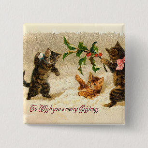 Katzen spielen im Schnee Vintage Weihnachten Button