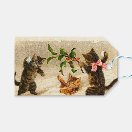 Katzen spielen im Schnee Vintage Weihnachten Geschenkanhänger (Vorderseite (Horizontal))