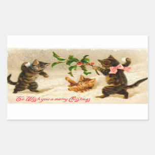 Katzen spielen im Schnee Vintage-Weihnachtsaufkleb Rechteckiger Aufkleber