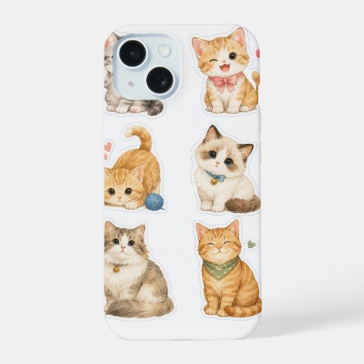 Katzen-Sticker-Muster iPhone 15 Hülle (Rückseite)