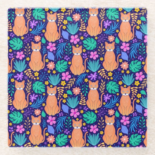 Katzen & tropische Blume: dunkles Muster Glasuntersetzer (Vorderseite)