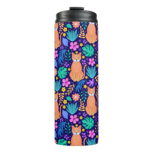 Katzen & tropische Blume: dunkles Muster Thermosbecher