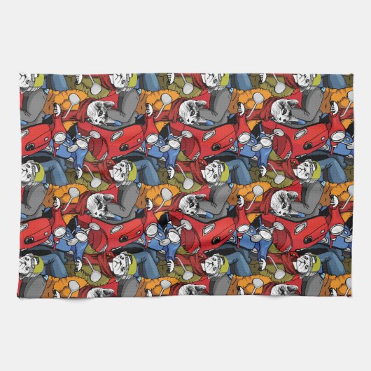 Katzen-u. Hunderoller-Muster Geschirrtuch (Horizontal)
