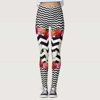 Katzen und Blume auf schwarz Zickzack Leggings