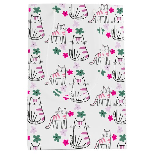 Katzen und Blume auf Weiß Mittlere Geschenktüte (Vorderseite)