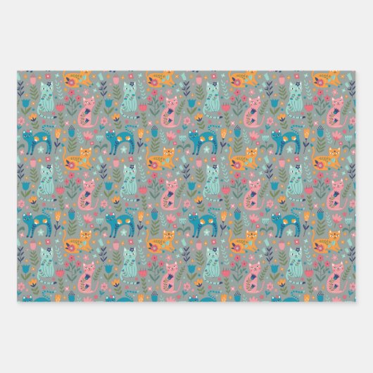 Katzen und Blume Geschenkpapier Set (Vorderseite 2)