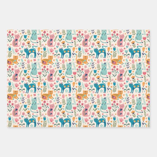 Katzen und Blume Geschenkpapier Set (Vorderseite)