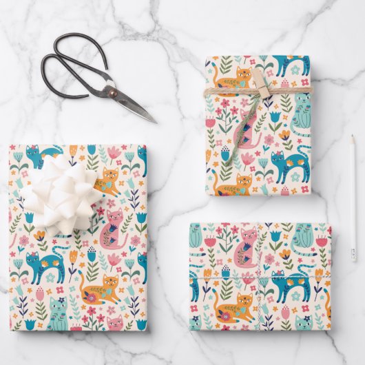 Katzen und Blume Geschenkpapier Set (Vorderseite)