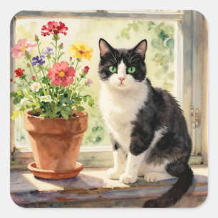 Katzen- und Blumen-Thema Quadratischer Aufkleber