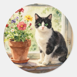 Katzen- und Blumenthema Runder Aufkleber