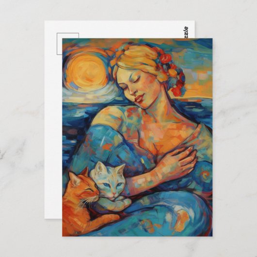 Katzen und eine schlafende Frau am Strand Postkarte (Vorne/Hinten)