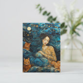 Katzen und eine schlafende Frau in der Sternennach Postkarte (Stehend Vorderseite)