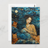 Katzen und eine schlafende Frau in der Sternennach Postkarte (Vorne/Hinten)