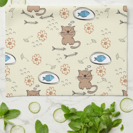 Katzen- und Fischmuster Geschirrtuch (Gefaltet)