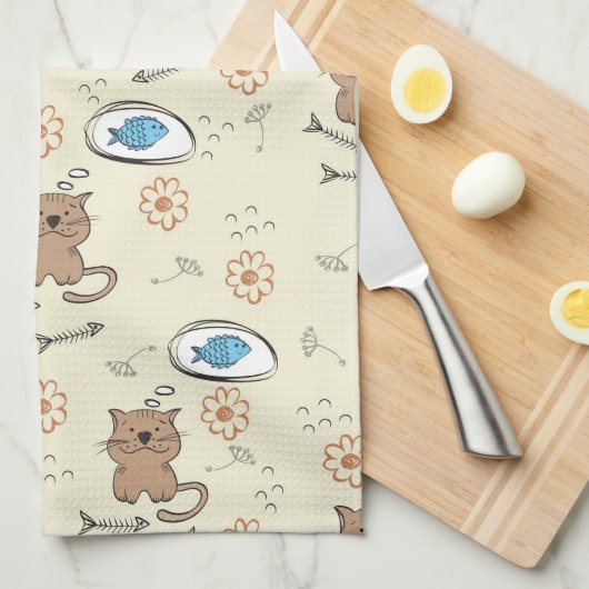 Katzen- und Fischmuster Geschirrtuch (Viertel Falte)