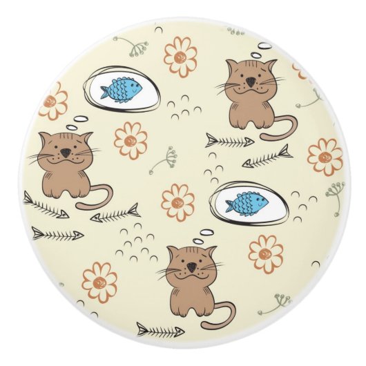 Katzen- und Fischmuster Keramikknauf (Vorderseite)