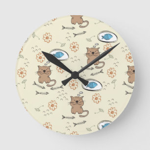 Katzen- und Fischmuster Runde Wanduhr