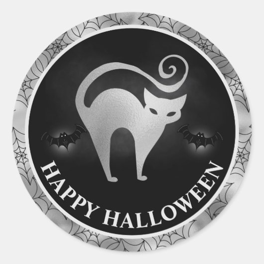 Katzen und Fledermäuse Silver & Black Happy Hallow Runder Aufkleber (Vorderseite)