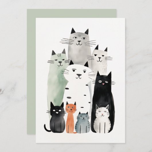 Katzen und Freunde Wasserfarbe Gouache Illustratio Einladung (Vorne/Hinten)