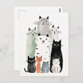 Katzen und Freunde Wasserfarbe Gouache Illustratio Postkarte (Vorne/Hinten)
