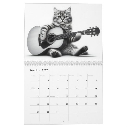 Katzen und Gitarren Schwarz und Weiß 2025 Kalender (Mär 2026)