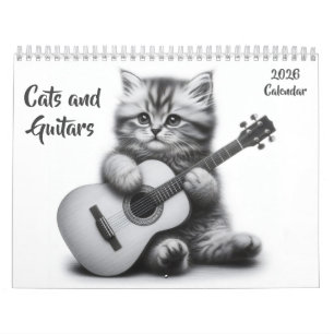 Katzen und Gitarren Schwarz und Weiß 2026 Kalender