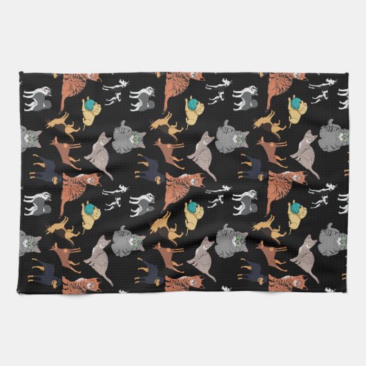 Katzen und Hunde Muster Design auf Schwarz Geschirrtuch (Horizontal)