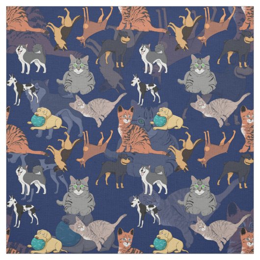Katzen und Hunde Musterdesign auf Blau Stoff (Muster)