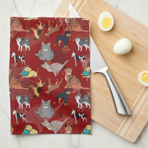 Katzen- und Hunde-Musterdesign auf Rot Geschirrtuch