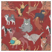 Katzen und Hunde Musterdesign auf Rot Stoff (Nahaufnahme)